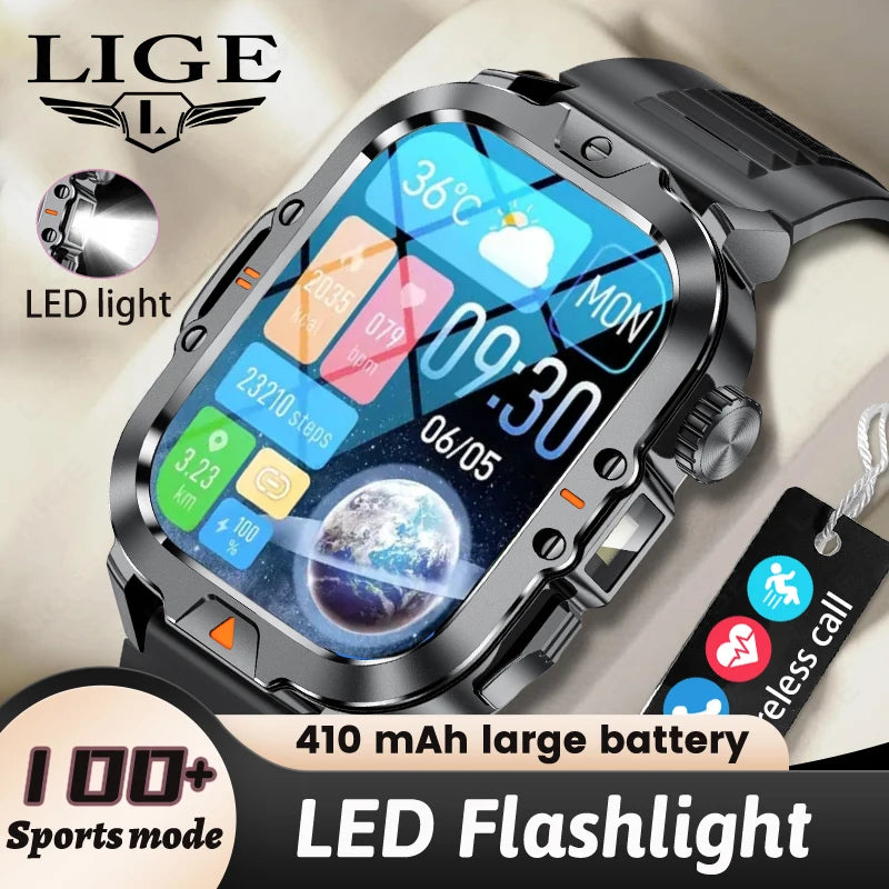 LIGE 2.01-inch HD Screen Men Smart Watch With Flashlight Outdoor Sports Men Watch IP68 Waterproof Health Monitor Call Smartwatch