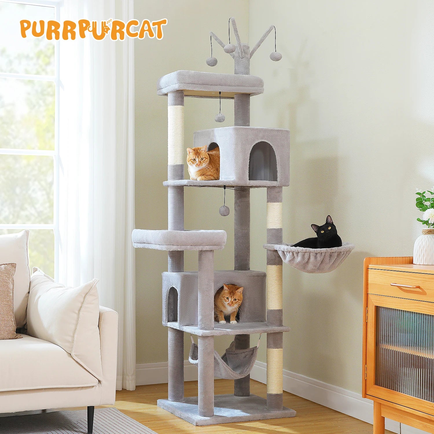 190cm Large Cat Tree 6-Level Cat Tower with 2 Big Perches,Cozy Hammocks,Natural Sisal Rope,2 Cat Condo,Pompoms for Indoor Cats