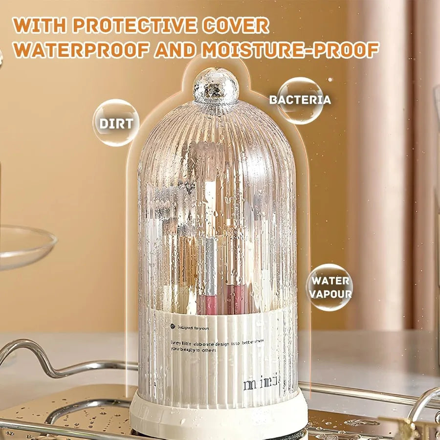 MultiFunctional Rotating Toothbrush Holder with Sliding Lid: 7Slot Bathroom Countertop Organizer Ideal for Storing Toothbrushes