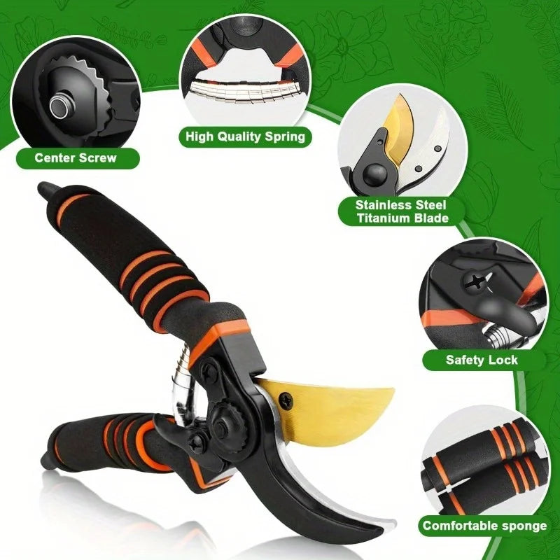 Pruning Shears with Ergonomic Black & Orange Handle - Heavy-Duty Garden Shears Classic Design, Durable Construction Portable Out