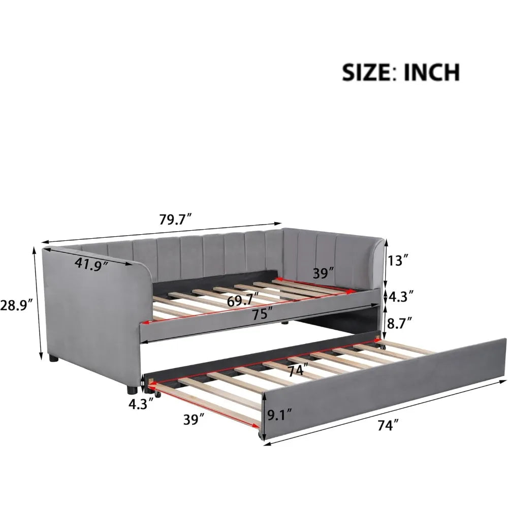 Twin Size Velvet Upholstered Daybed with Ergonomic Design Backrest and Trundle,Wood Platform Bed w/Stripe Shaped Headboard,for B
