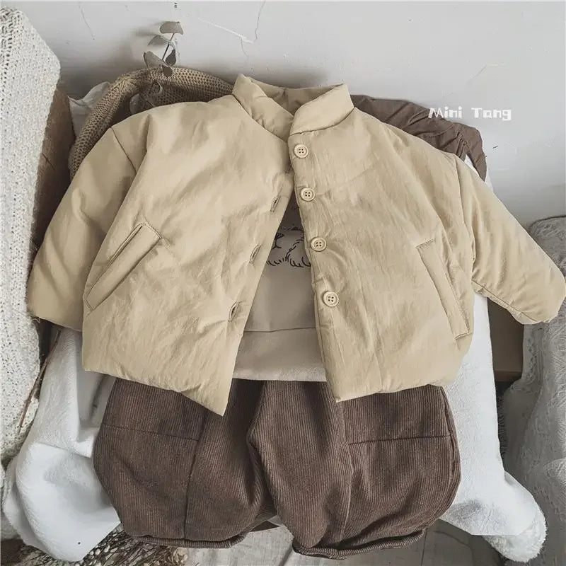 Winter Kids Jacket Thicken Cotton Warm Boys Girls Winter Coat 2024 Solid Color Children Retro Style Outwear Windproof Warm Coat