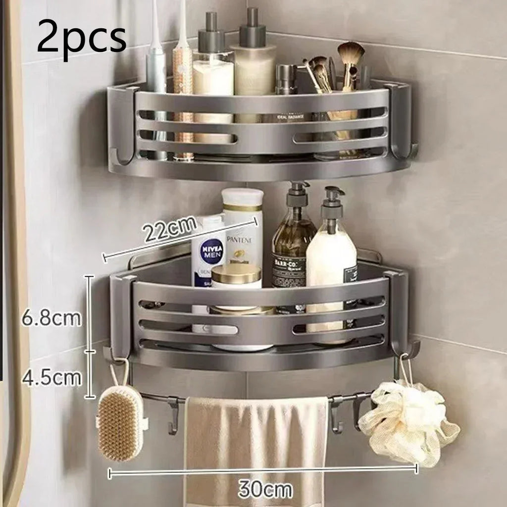 1-2PCS Shower Corner Shelf with Towel Bar Hook Space Aluminum Bathroom Shelf Without Drilling Shampoo Holder Bathroom Accessorie