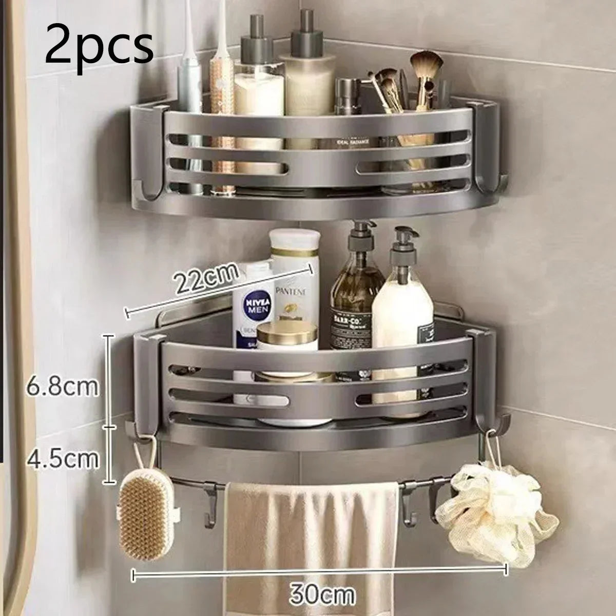 1-2PCS Shower Corner Shelf with Towel Bar Hook Space Aluminum Bathroom Shelf Without Drilling Shampoo Holder Bathroom Accessorie