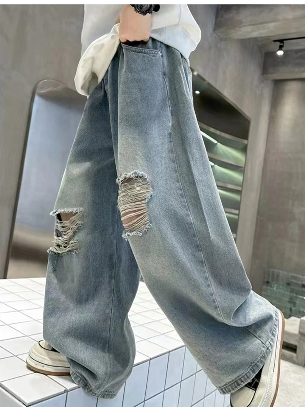 Teenage Versatile Retro Casual Preppy Wide Leg Straight Leg Long Loose Washed Denim Jeans