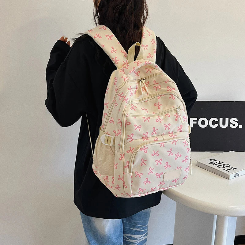 3Pcs/Set Bow Print Backpack with Crossbody Bag and Small Purse Bow Student Bookbag Cute Laptop Backpack for Teens Girls