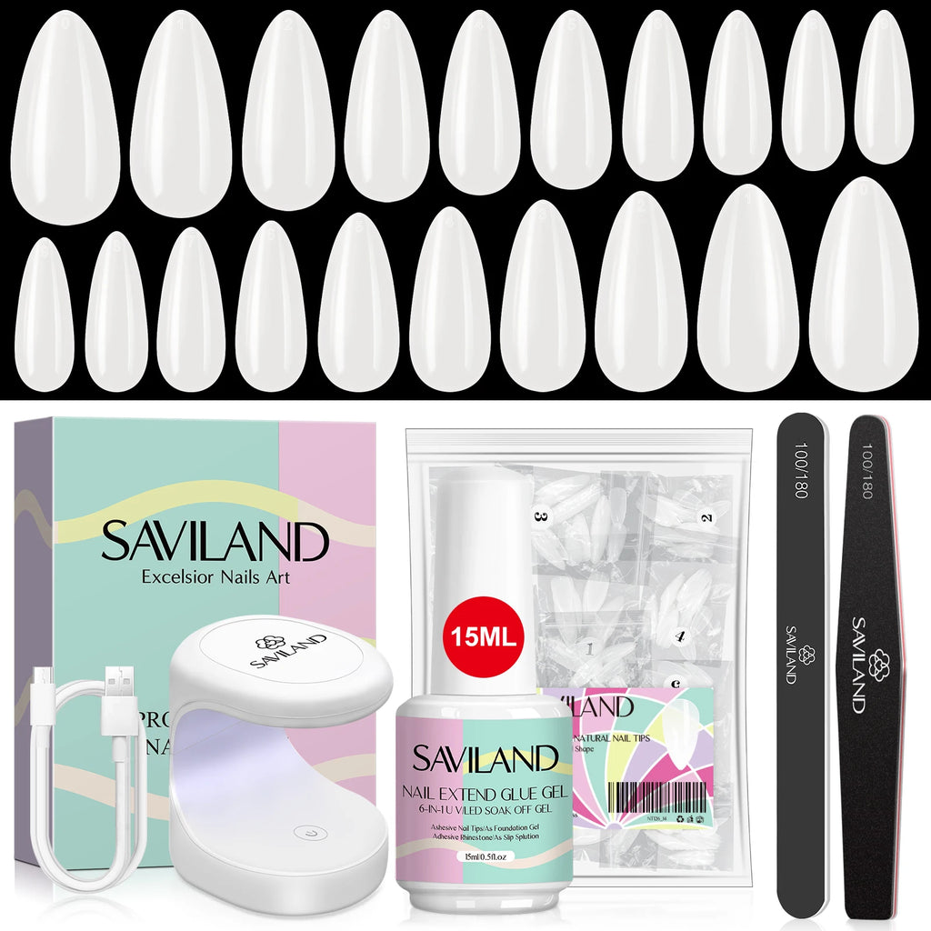 SAVILAND 500pcs Gel X Nail Kit For Extension Nail Tips Full Cover Press On Nails Sculpted Almond Coffin with UV LED Nail Lamp
