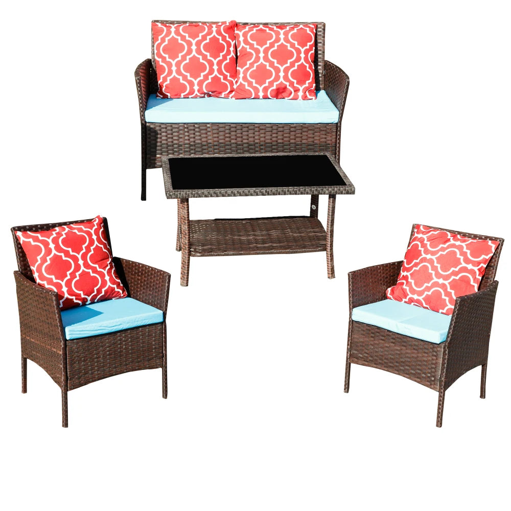Four-Piece Sofa Set Table With Sofa Chair PE Rattan Outdoor Furniture HY4-001 Box *1 With Emerald Green Color Cushion