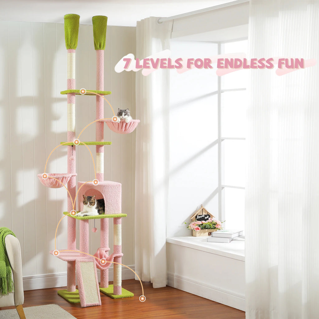 Tall Cat Tree with Adjustable Height Floor to Ceiling Cat Tower with Scratching Posts Soft Hammock Cat Condo for Indoor Cat Toys