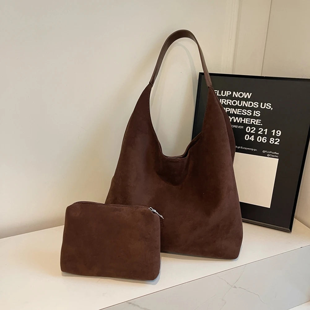 Women Suede Shoulder Bag Trendy Bucket Bag with Pocket Retro Handbag Hobo Bag for Work Travel Shopping