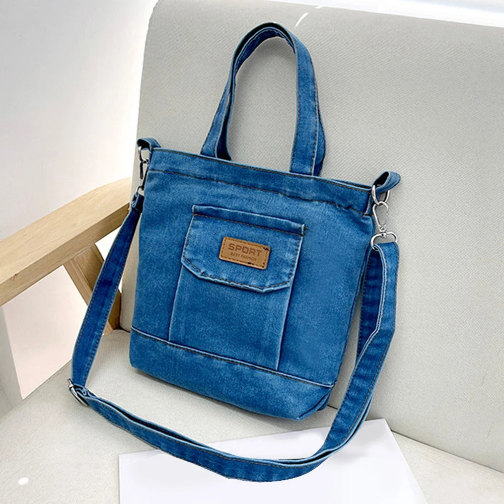 Women Crossbody Bag Denim Shopper Shoulder Handbag Large Capacity Adjustable Straps Zipper Closure for Beach Shopping School