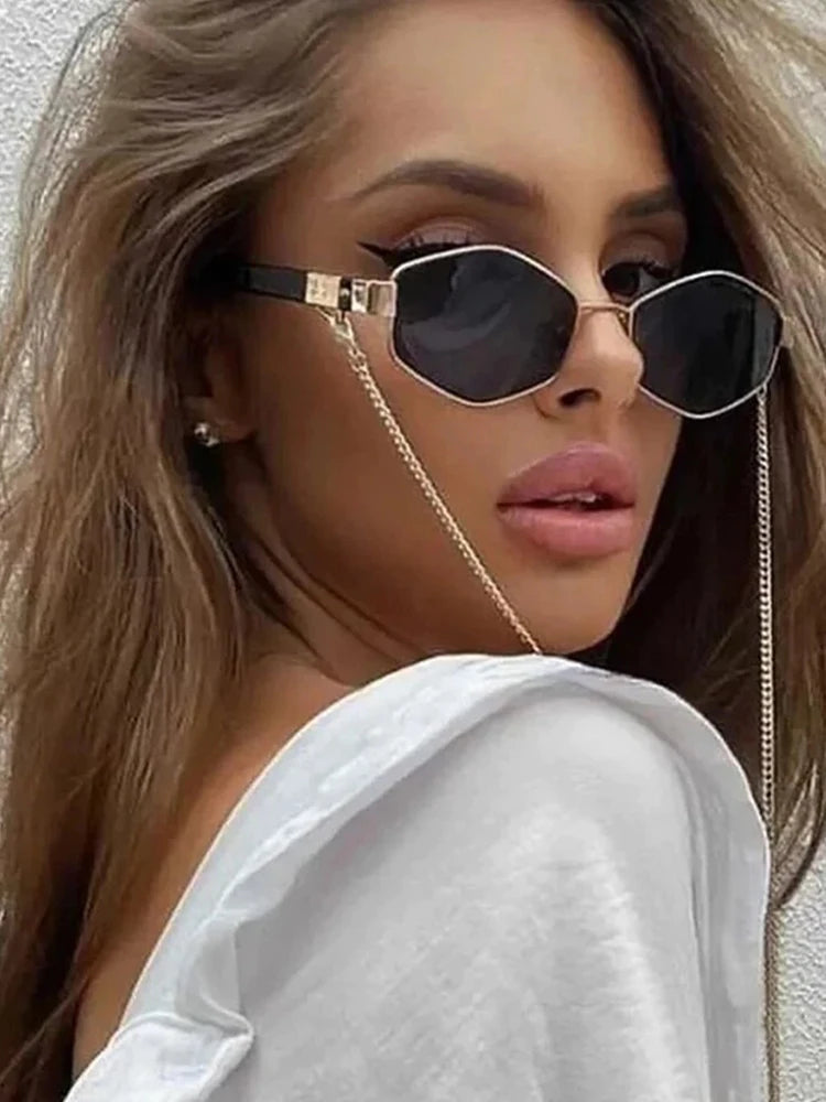 Sexy Small Frame Hexagon Sunglasses Women With Chain 2025 Luxury Brand Designer Punk Sun Glasses For Ladies Shades Gafas De Sol