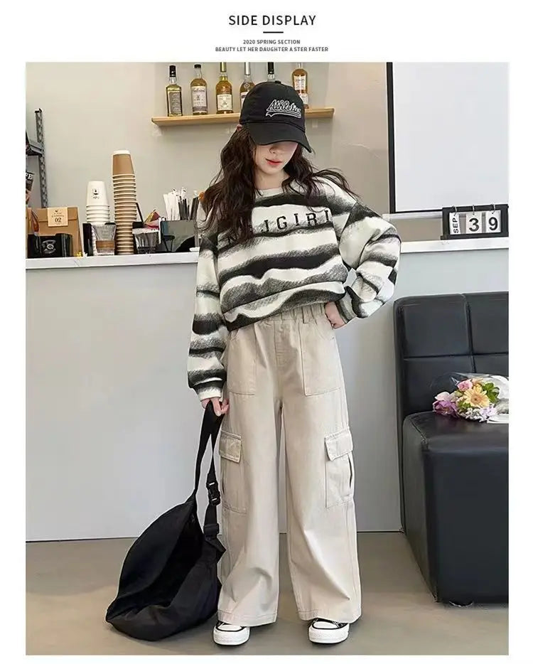 2025 autumn spring Girls clothes Sweatshirt Kids teens dress top Child striped letters hooded tracksuit 4 6 7 8 9 10 11 12 year