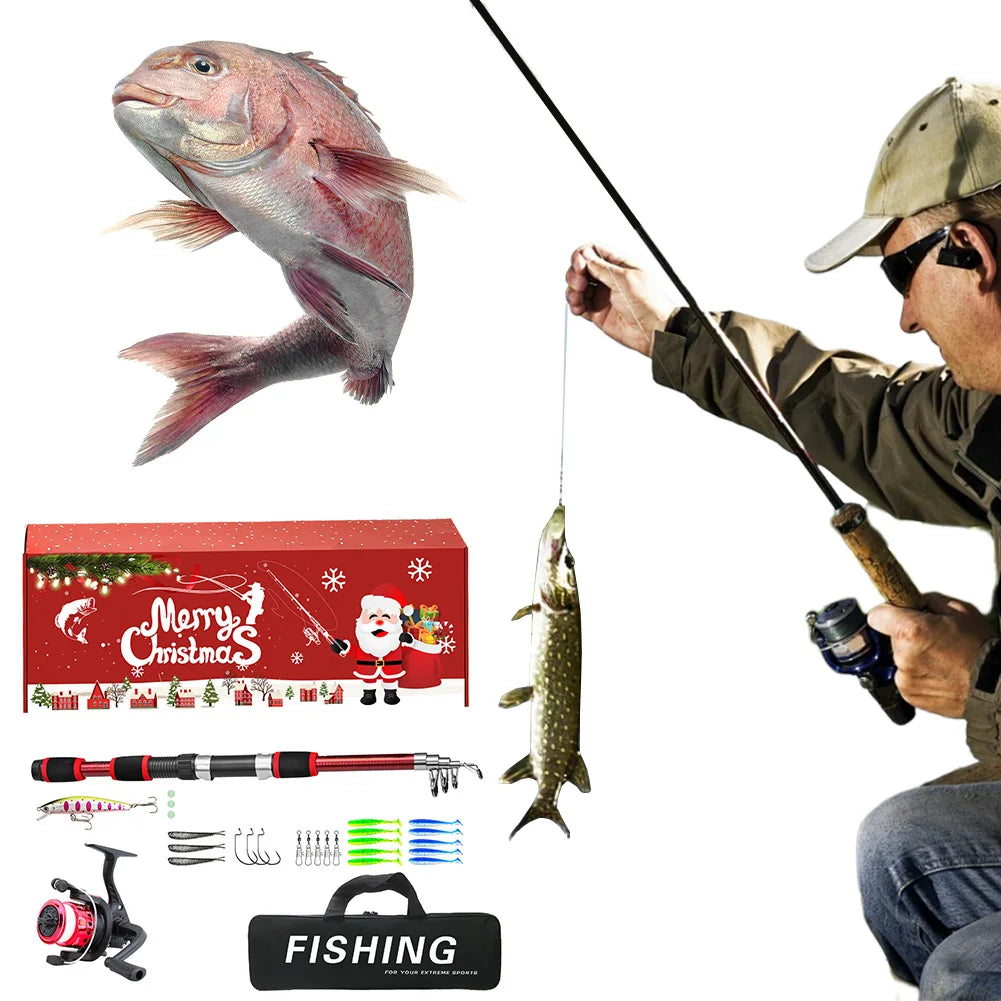 Fishing Pole Set Full Kits with Telescopic Fishing Rod and Spinning Reel Fishing Lures Hooks Travel Pole Set Xmas Gifts for Men