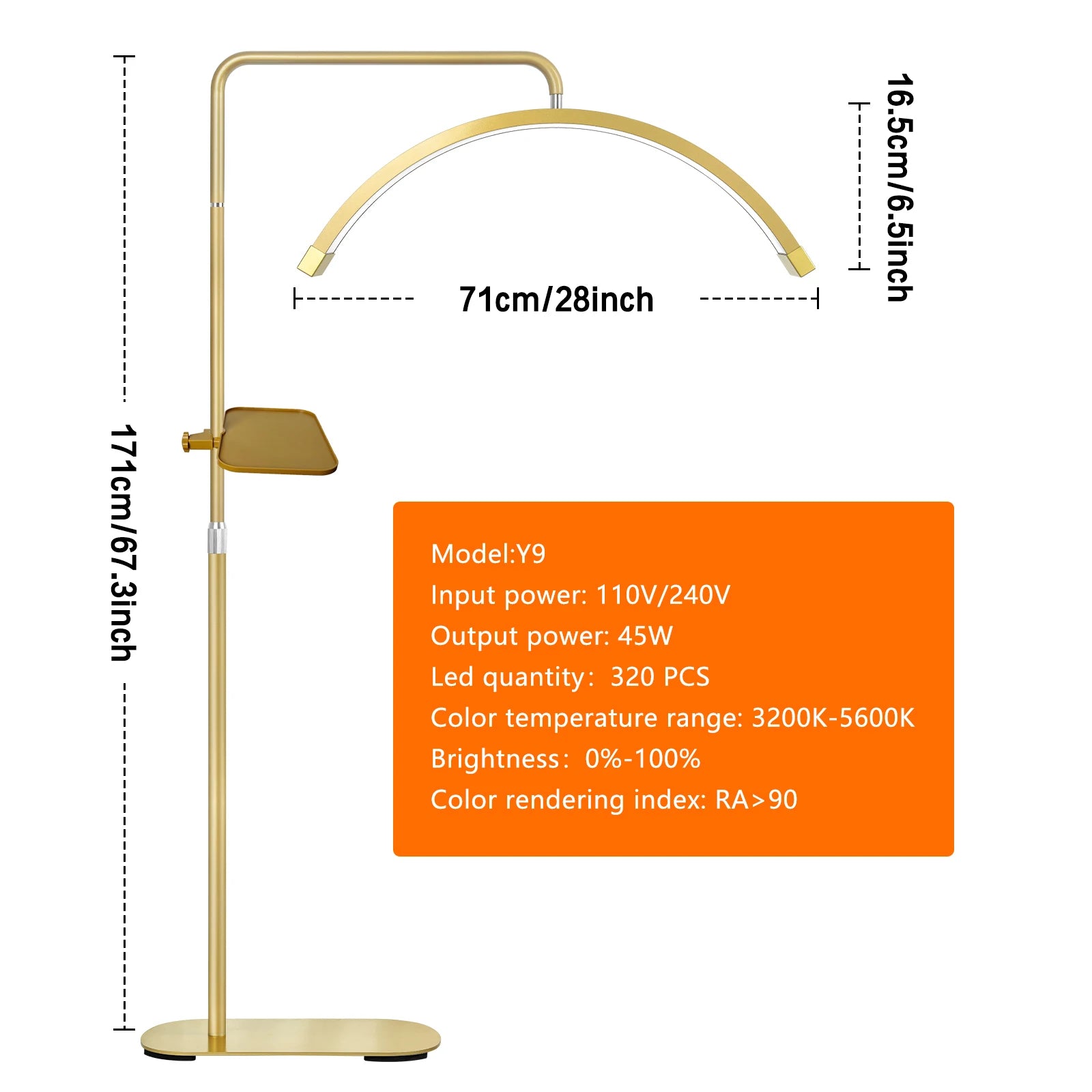 Fosoto FT-Y9 28inch Gold Lamp LED Half-Moon Shaped Light Led Video Lash Light With Floor Stand For Beauty Eyelash Tattoo Makeup