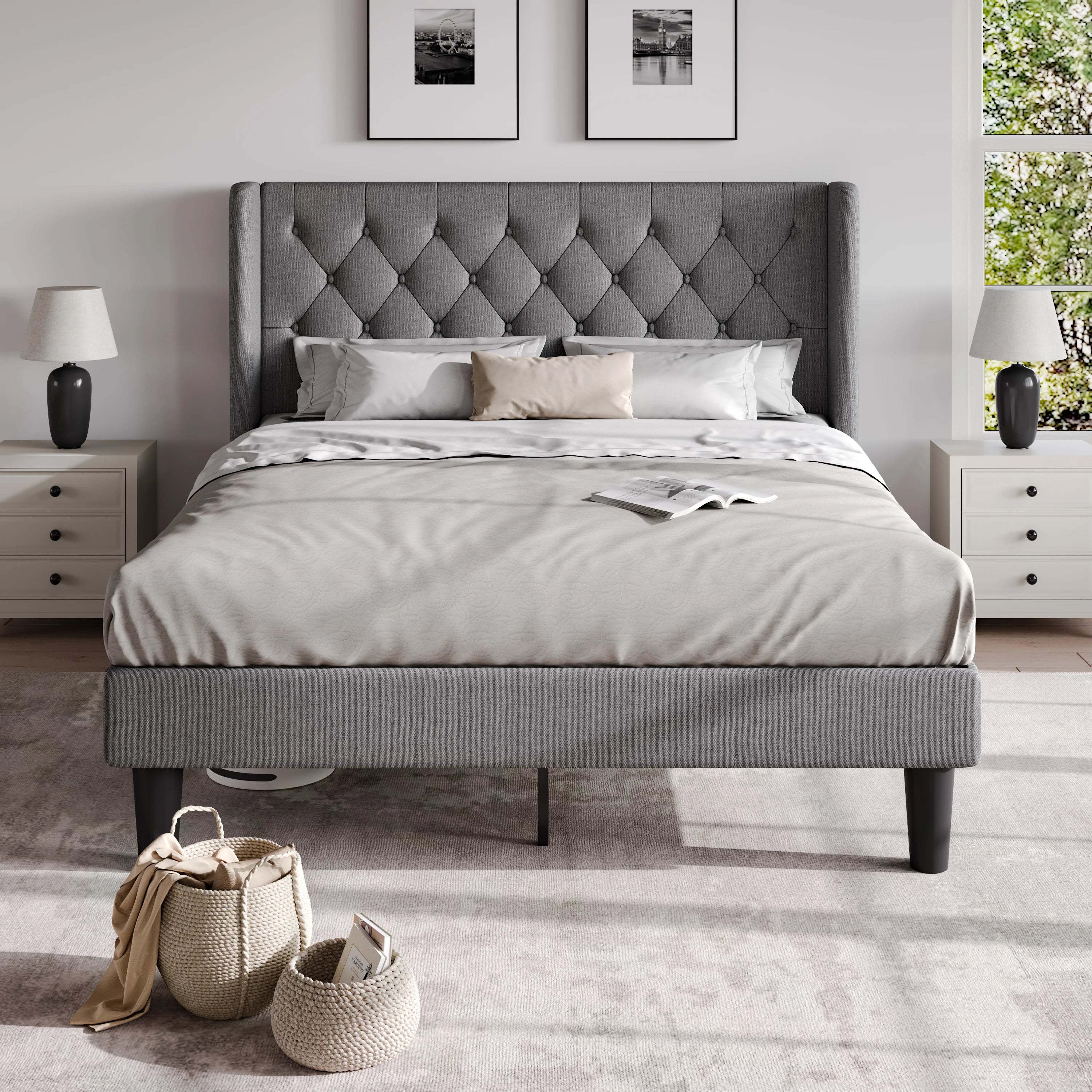 HOOMIC Classic Bed Frame with Button Tufted Wingback Headboard, Upholstered Platform Bed with Wooden Slats Support Allewie