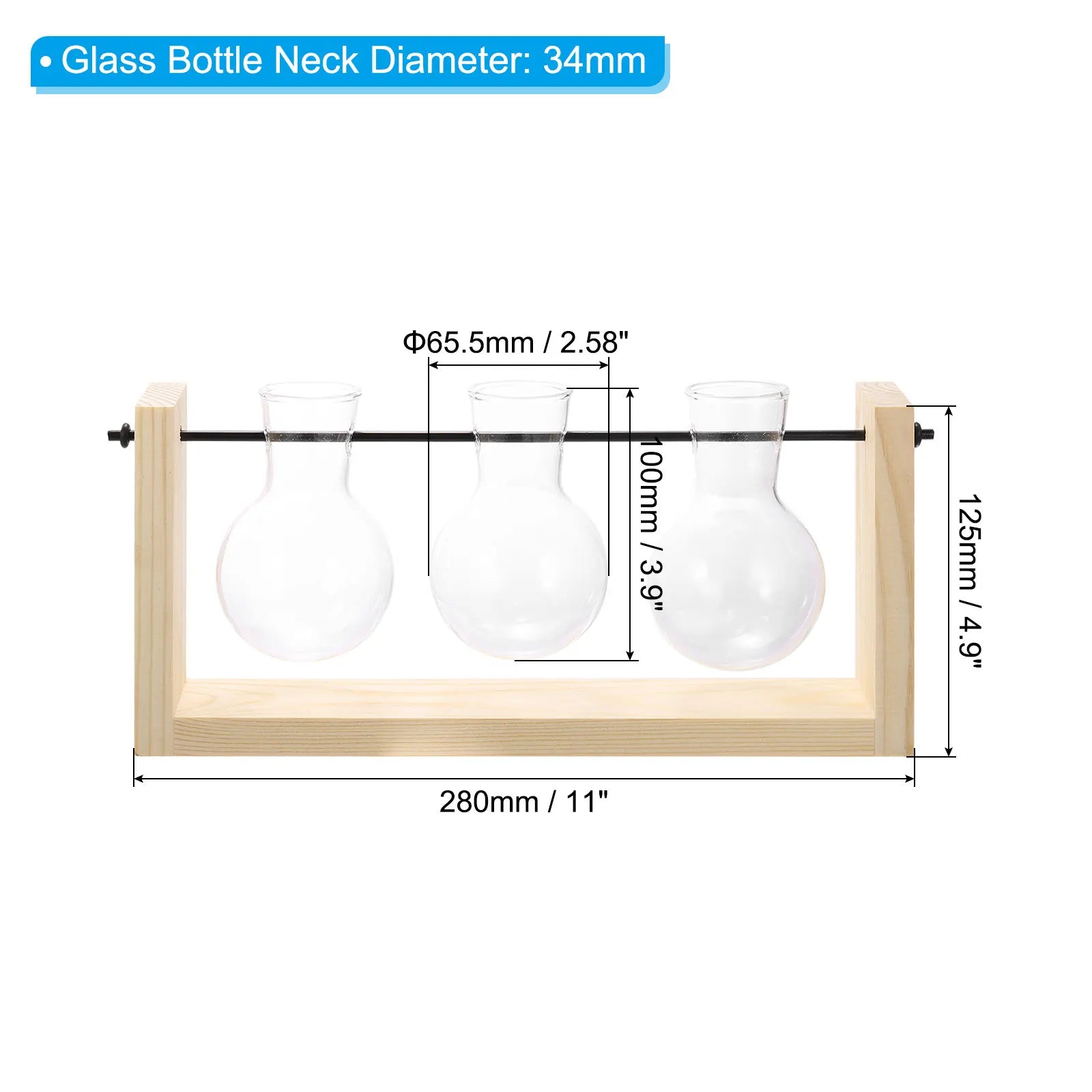 Propagation Vases with Wooden Stand, Wall Hanging Plant Vase for Hydroponics Plants Home Decor Gifts, Wood Color (3 Bulb)