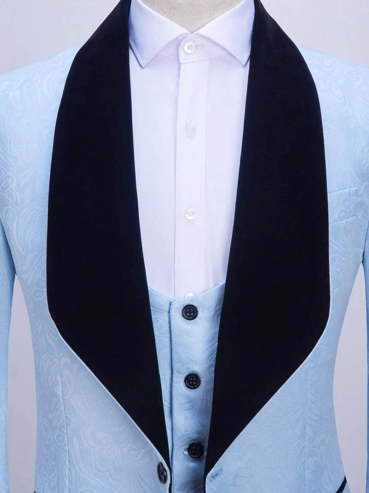 Men's three-piece floral jacquard slim-fitting suit set, including paisley pattern suit jacket, vest, and pants, suitable for ba