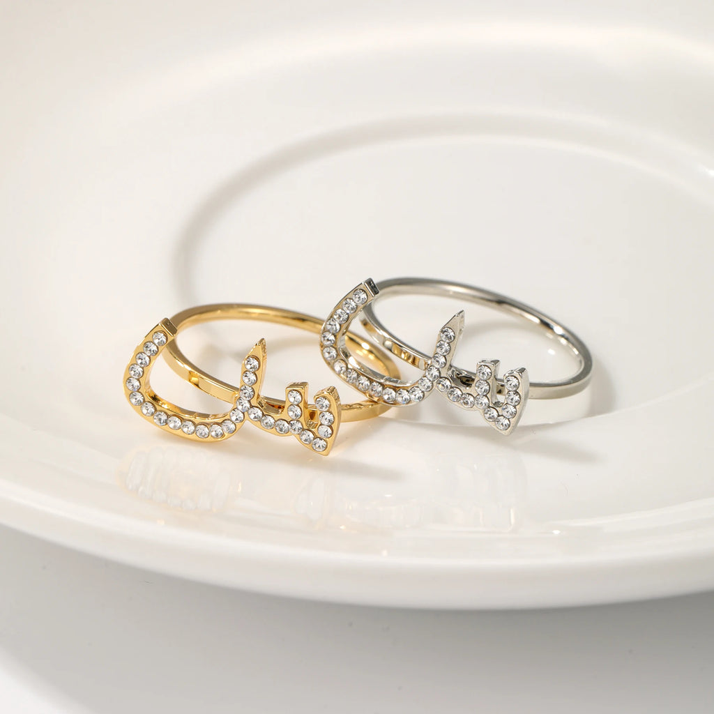 Personalized Stainless steel Arabic Letter Ring Diamond Ring Custom 18K Gold Plated Muslim Jewelry Ring Gift for Wife Eid Gifts