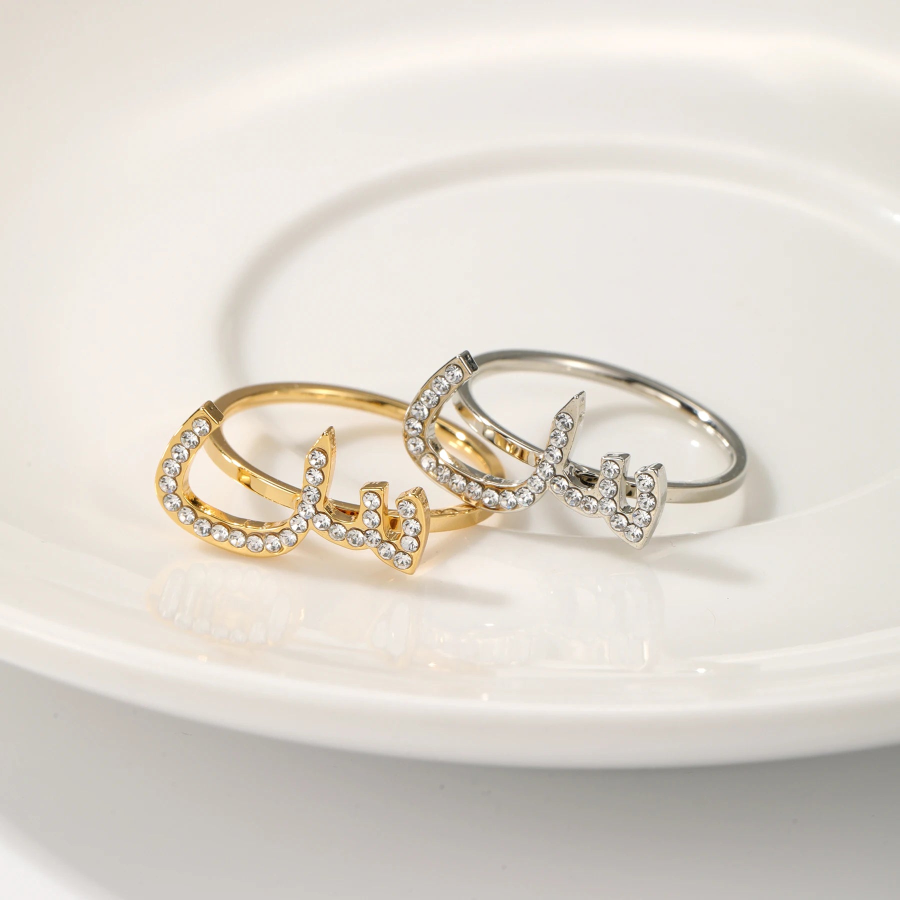 Personalized Stainless steel Arabic Letter Ring Diamond Ring Custom 18K Gold Plated Muslim Jewelry Ring Gift for Wife Eid Gifts