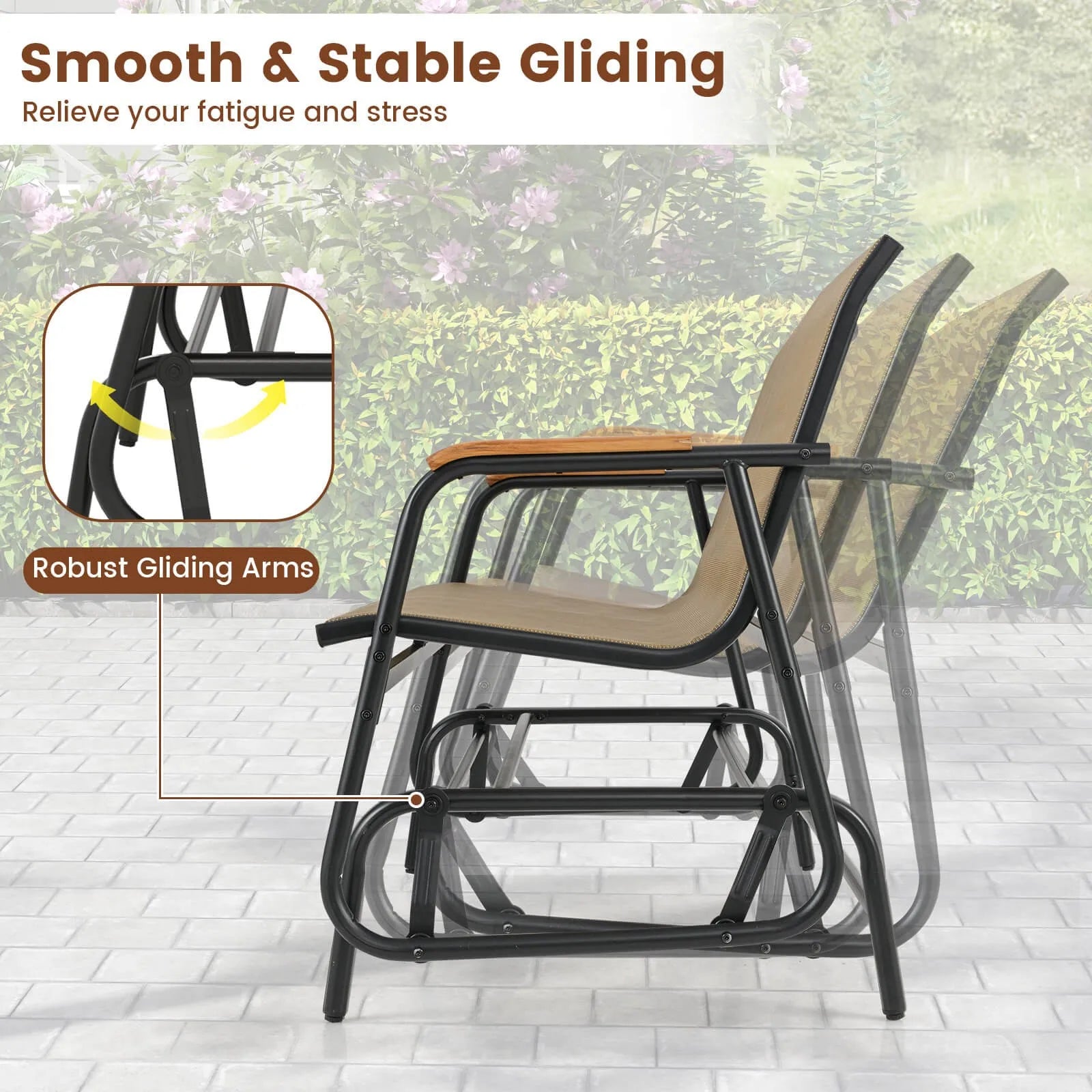 Patio Glider Bench for 2 Swing Gliding Loveseat w/Curved Teak Armrests for Porch