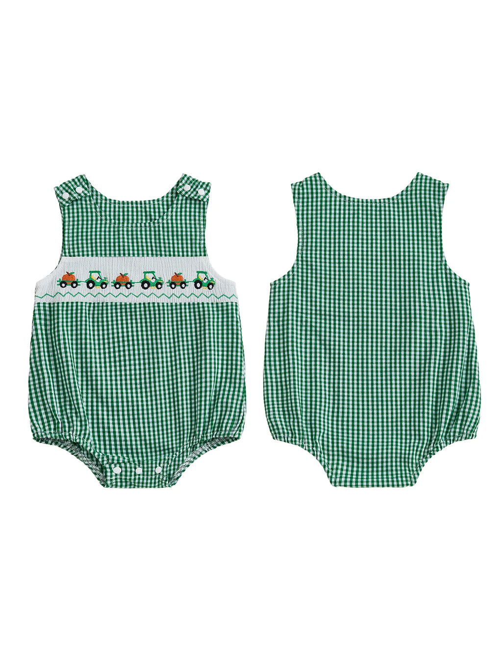 Toddler Boy Autumn Plaid Overall Thanksgiving Turkey and Cornucopia Embroidery Crew Neck Sleeveless Rompers