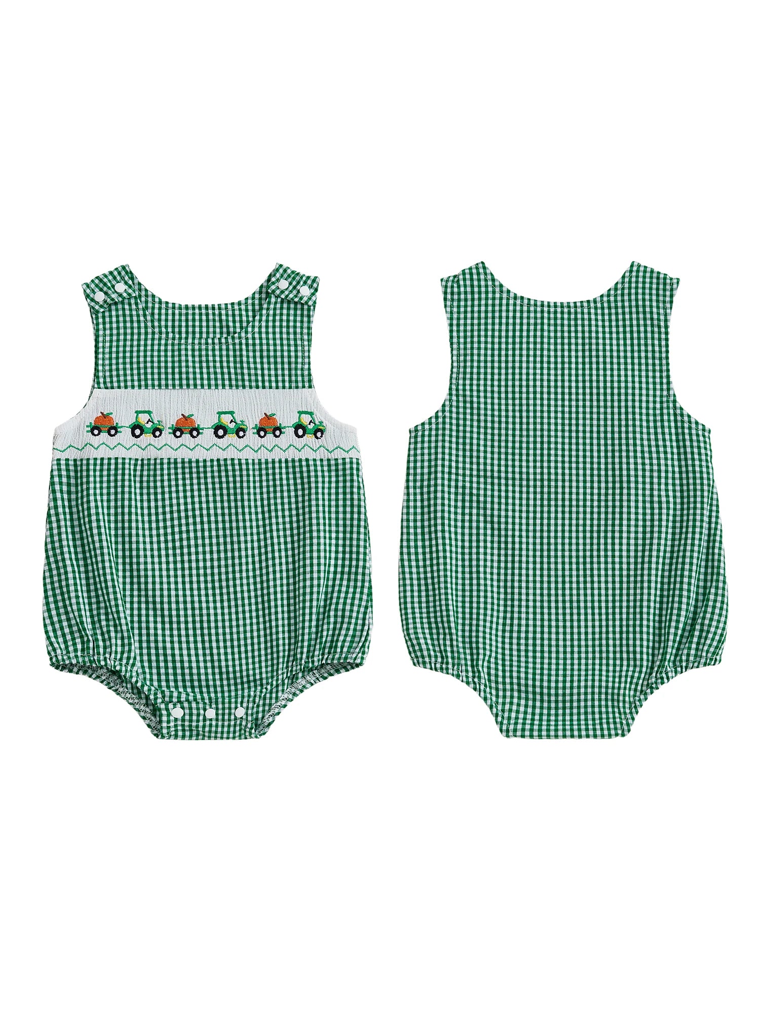 Toddler Boy Autumn Plaid Overall Thanksgiving Turkey and Cornucopia Embroidery Crew Neck Sleeveless Rompers