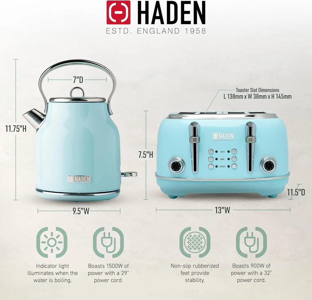 Heritage 4 Slice Wide Slot Stainless Steel Toaster Electric Water Kettle Turquoise And Chrome 1.7 Liter Kitchen Bundle
