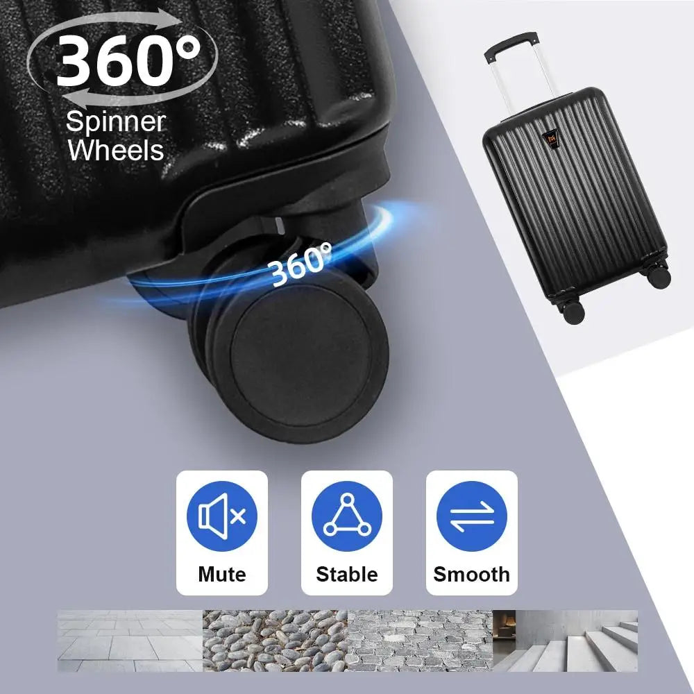 3 Piece ABS Hardshell Luggage Set 20 24 28 Inch Black Double Spinner Wheels with Travel Pillow Set for Business Leisure Vacation