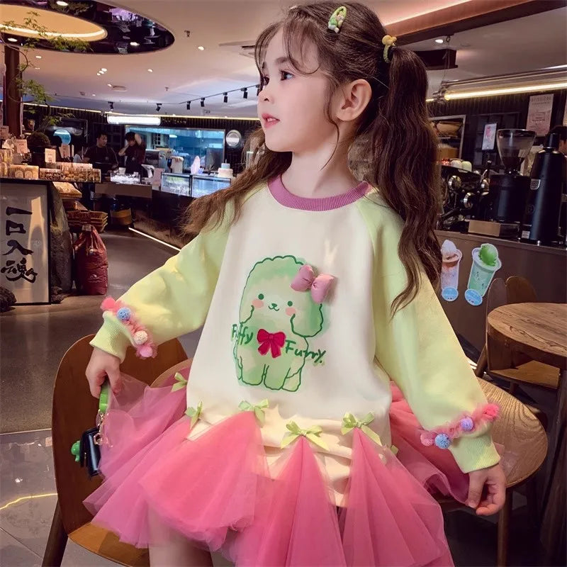 Girl's Fall/Winter Sweatshirt Long Sleeve Princess Elsa Snow White Cartoon Print Tulle Skirt Casual Hoodie Dress 2-12 Years Old