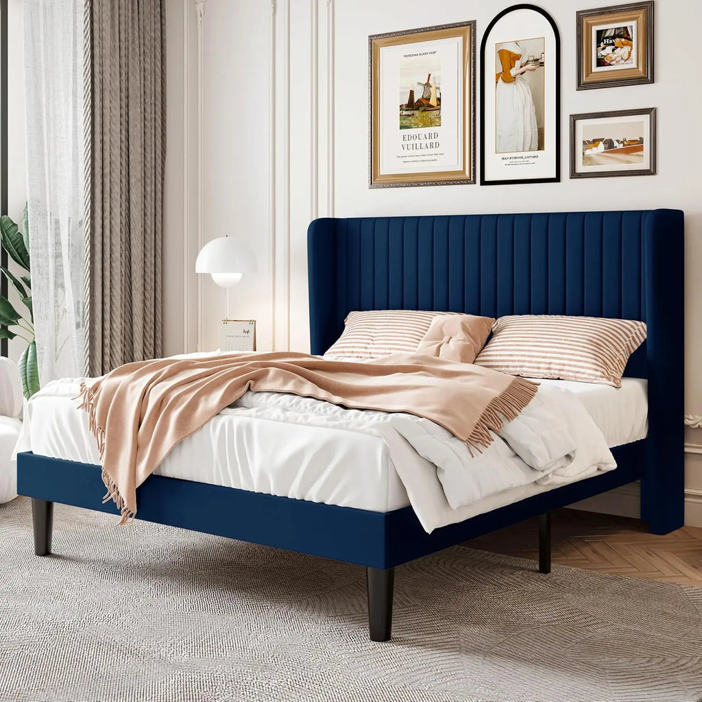 Bed Frame, Full-king Size Velvet Bed Frame with Vertical Channel Tufted Wingback Headboard, No Box Spring Needed, Easy Assembly