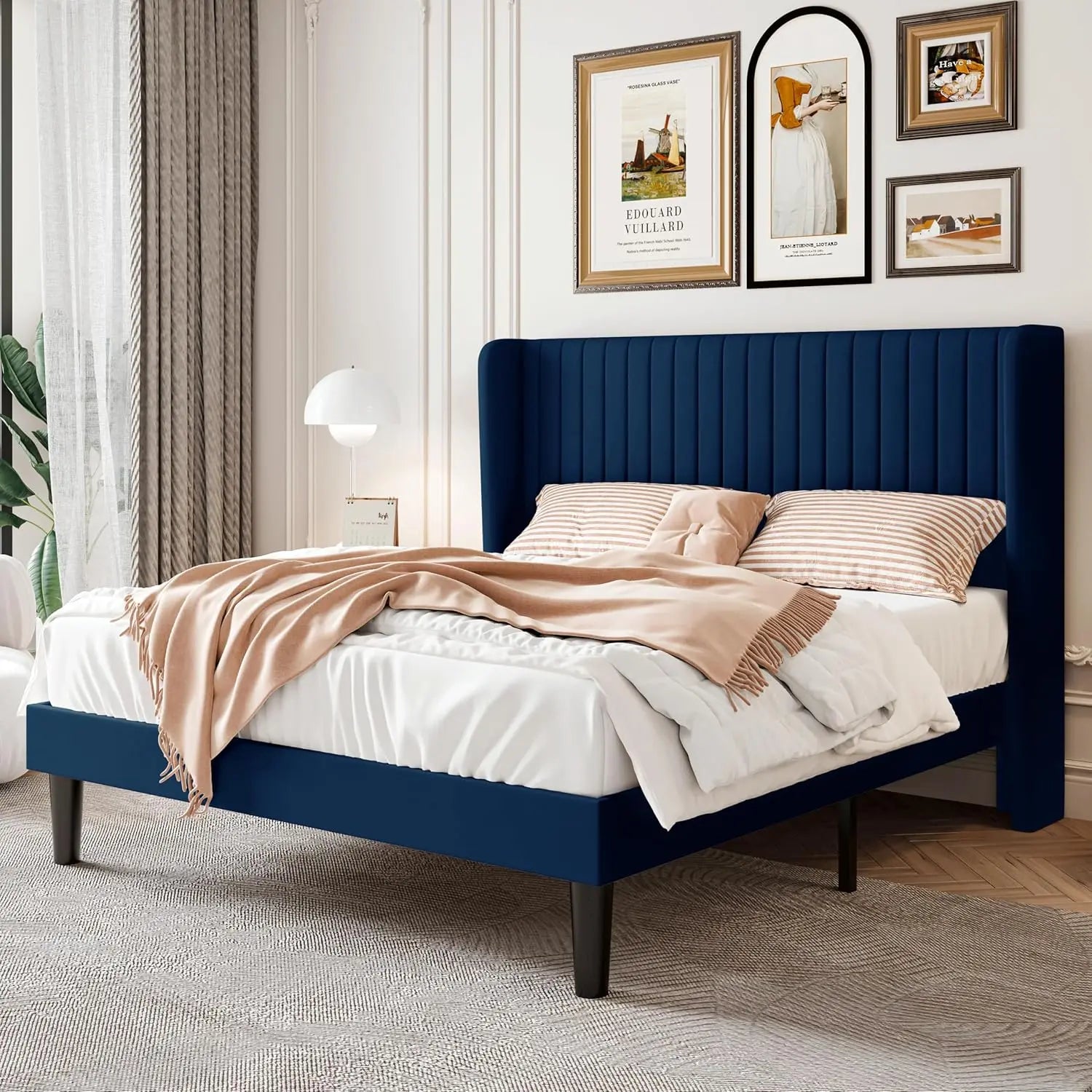 Bed Frame, Full-king Size Velvet Bed Frame with Vertical Channel Tufted Wingback Headboard, No Box Spring Needed, Easy Assembly