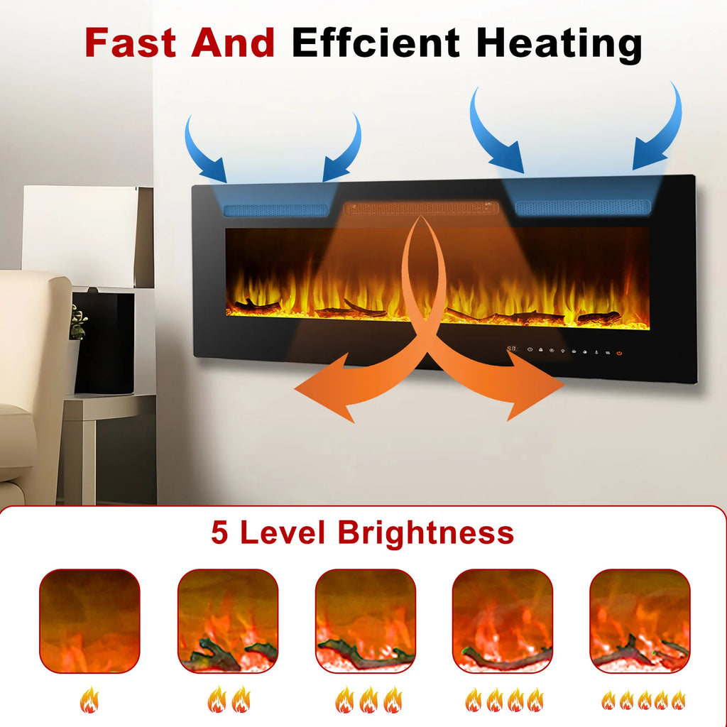 60 Inch Electric Fireplace Recessed and Wall Mounted ltra Thin Ad Low Noise Touch Screen 750-1500W 3D Flame Color Remote Control