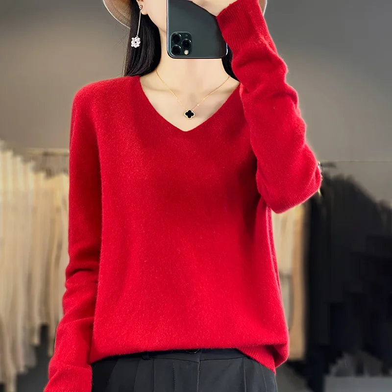 Sweater For Women 100% Merino Wool V Neck Sweater Fall Winter Basic Warm Pullovers Long Sleeve Soft Knit Jumpers Female Clothing