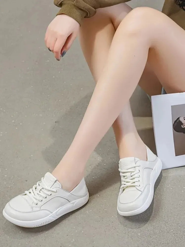 Flat cow skin shoes for women informal comfortable and breathable sneakers white