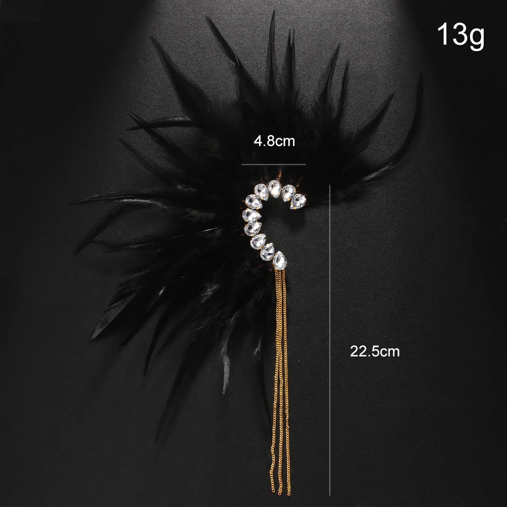 Stonefans Black Feather Ear Pinna Earrings 2024 Designer Trend Vintage No Piercing Accessories Ethnic Wedding Jewelry Dance Gift