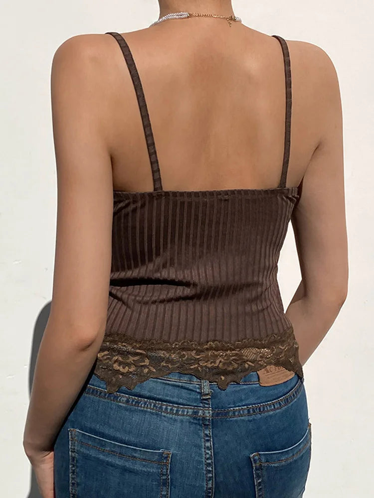 Gothic Basic Bodycon Women Camis Grunge Punk Black Casual Lace Trim Crop Tops Ribbed Backless Alt Clothes Summer