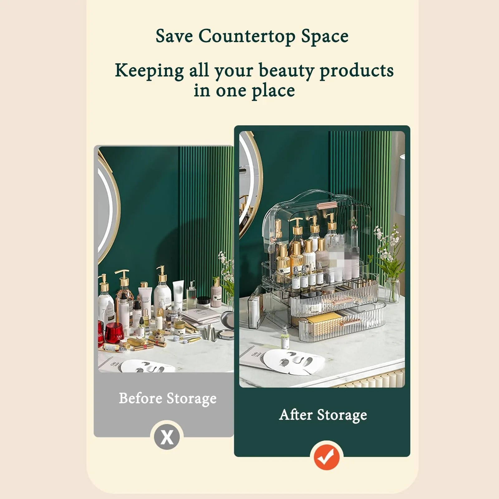 Cosmetics Storage Box With Lid and Handle Large Makeup Organizer Box Drawers for Skincare Display Cases Countertop, Bathroom