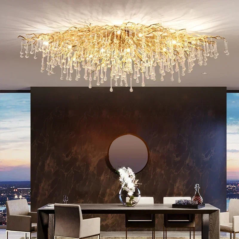 Luxurious Water Drop Golden Base Decorations for Home Light Tree Branch Customize Foyer Luxury Crystal Chandelier