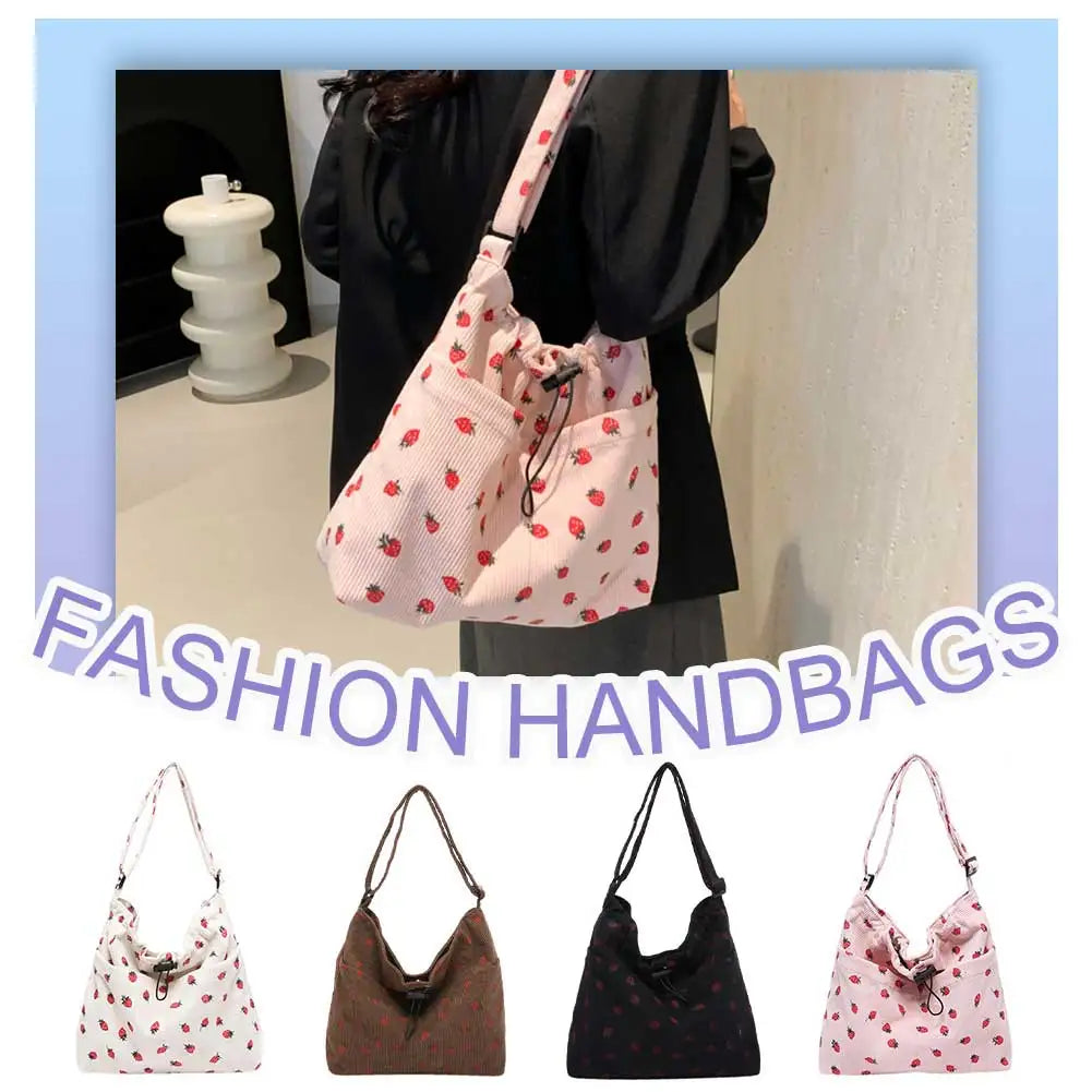 Women Corduroy Shoulder Bag Strawberry Handbag Adjustable Strap Multi-Pocket Work Shopping Bag