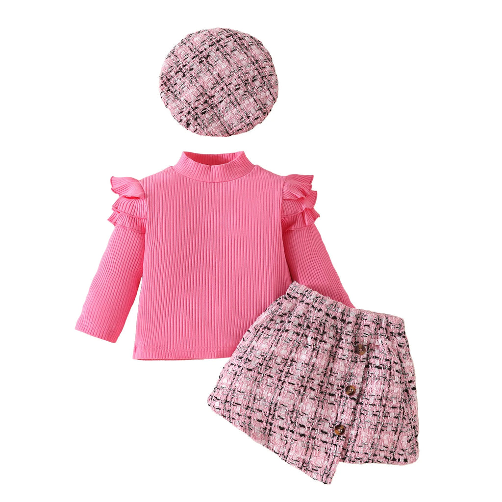 Baby Girls Clothes Set 0-3 Y Spring Autumn Infant High Neck Top+Skirt+Beret 3Pcs Trendy Toddler Long Sleeve Girls Outfit