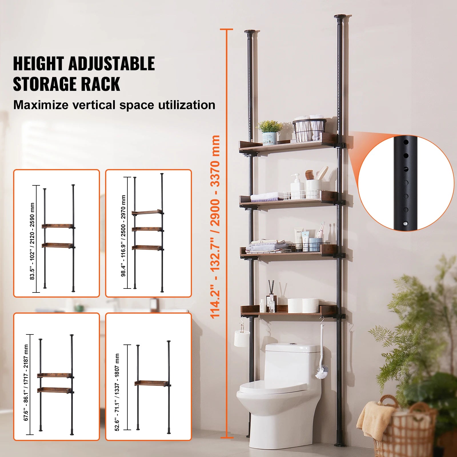 SucceBuy Over the Toilet Storage  4-Tier Adjustable Low-carbon Steel 53"-132"  Easy Assembly  for Small Rooms  Fit Most Toilets