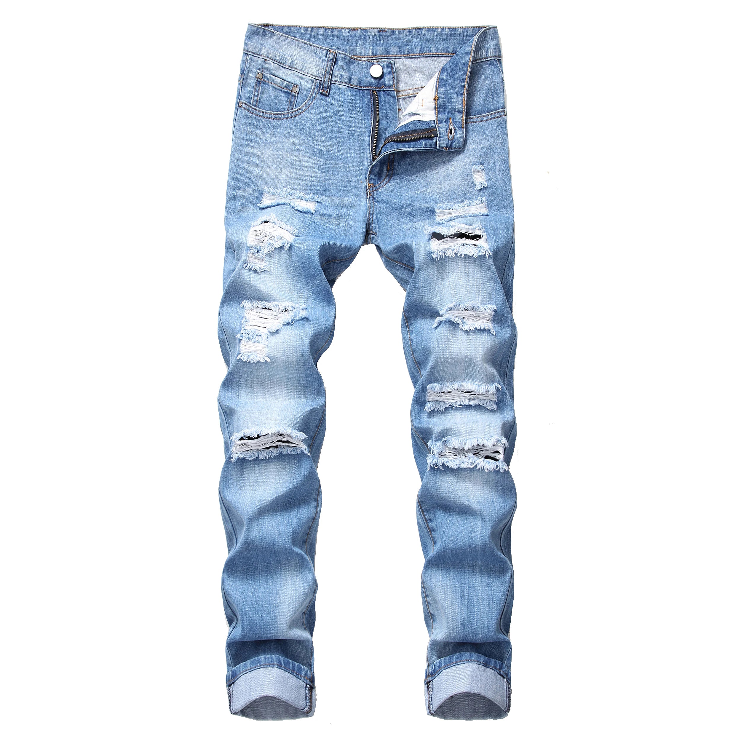 Men's Light Blue Jeans; Men's Fashionable Distressed Jeans; Party Suitable Jeans 305L