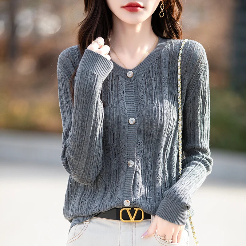 Women's Sweater Spring/Summer New 100% Cotton Coat Female O-Neck Knitted Cardigan Fashion Slim Top Clothing Long Sleeved Solid