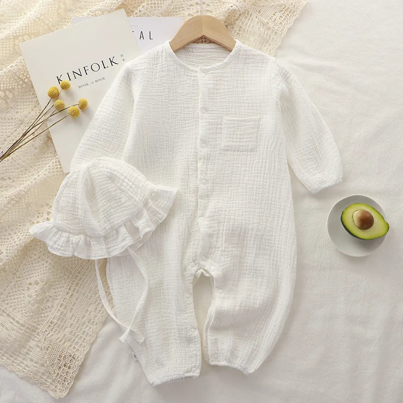 Baby Boys Girls Clothes Newborn Jumpsuit + Hats Infant Muslin Cotton Long Sleeve Romper 0-24 Month