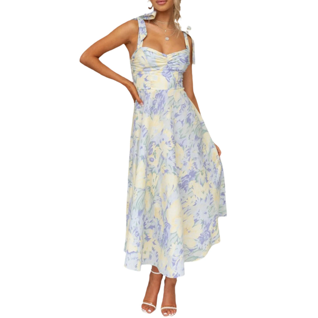 Women Sling Dress Sleeveless Low-cut Tie-up Flower Print Summer Long Dress for Cocktail Party