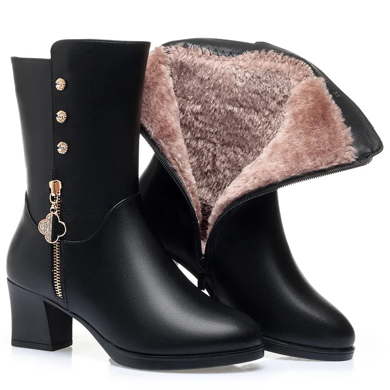Winter Padded Cotton Shoes Women Plush Soft Leather Long Boot Warm High-heel Fur High Knee Riding Mid-heel Boots Comfortable