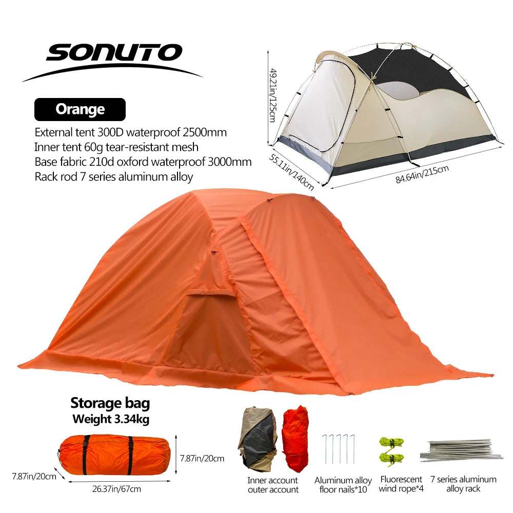Ultra-Light 2-3 Person Hiking Tent – Snowproof, Portable, Double-Layer Aluminum Frame, Durable Oxford Fabric for Camping