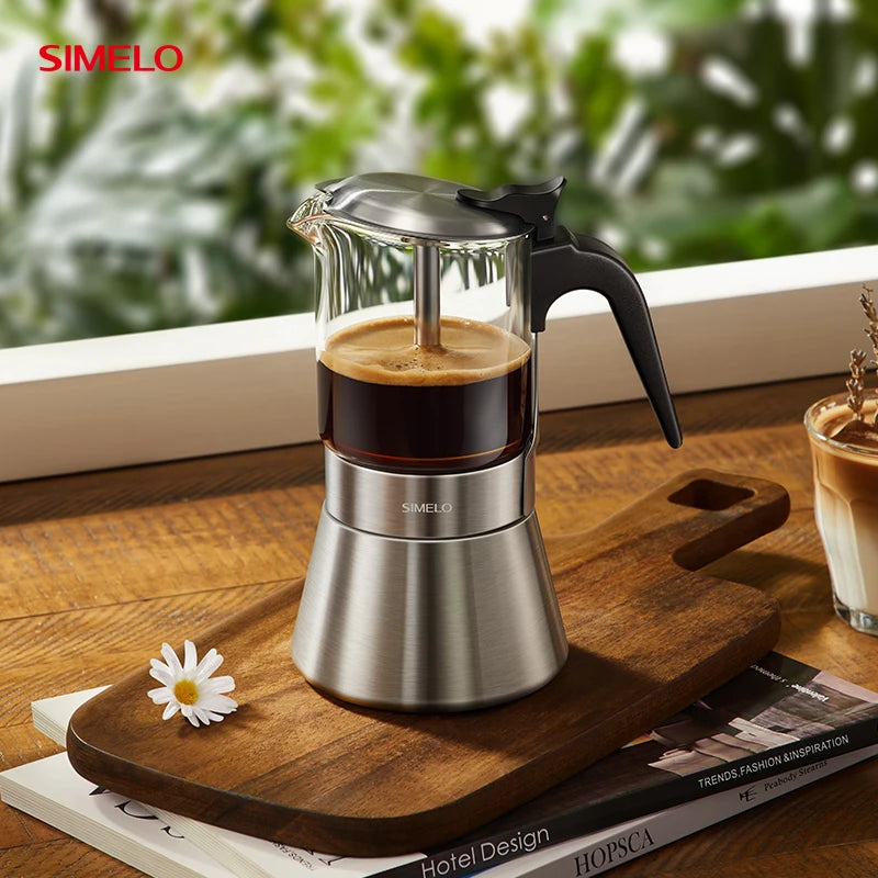 SIMELO Double Valve Moka Pot Stainless Steel Household Coffee Maker Italian Espresso Extraction Machine for Coffee Lovers