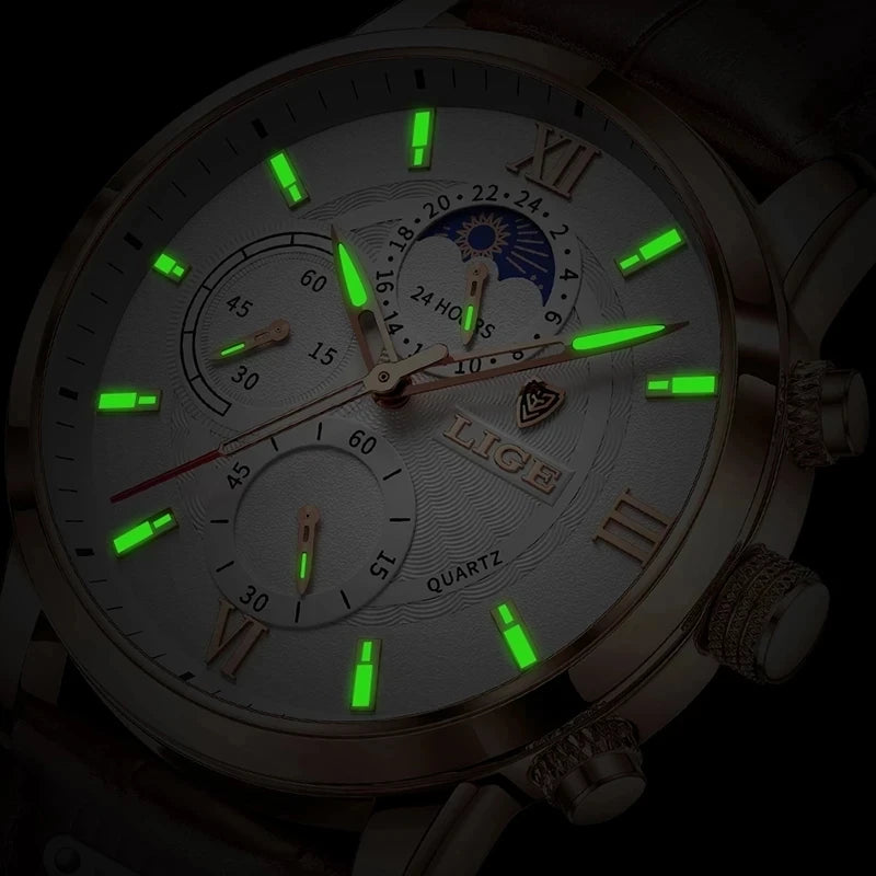 2025 New Mens Watches LIGE Top Brand Leather Chronograph Waterproof Sport Automatic Date Quartz Watch For Men Relogio Masculino
